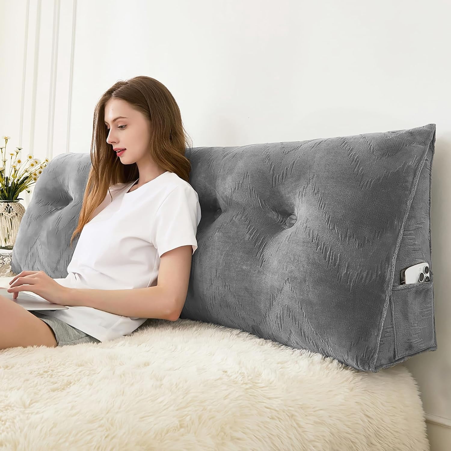 Headboard Pillow for Bed,Triangular Wedge Pillow Headboard Soft Support While Reading and Resting,Bed Bolster Cushion Headboard with Removable Cover, Queen (59"x8"x20")