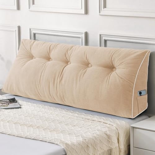 Headboard Pillow Full, Wedge Pillow Headboard for Sitting Up in Bed, Back-Rest Support Triangular Cushion for Reading - Features Removable Washable Cover, Beige