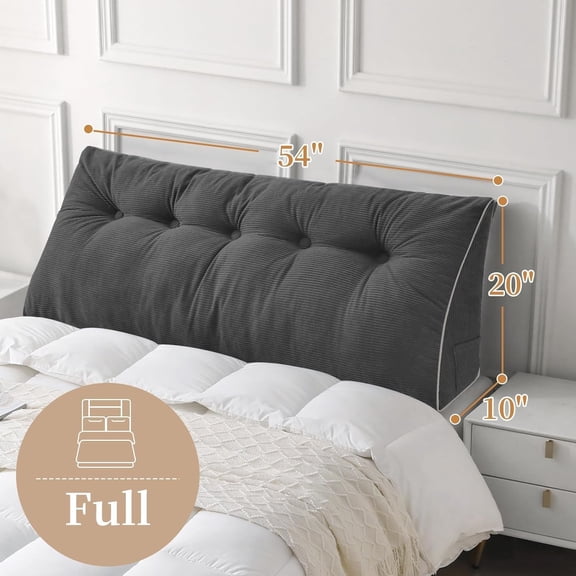 Headboard Pillow Full, Wedge Pillow Headboard for Sitting Up in Bed, Back-Rest Support Triangular Cushion for Reading - Features Removable Washable Cover, Dark Grey