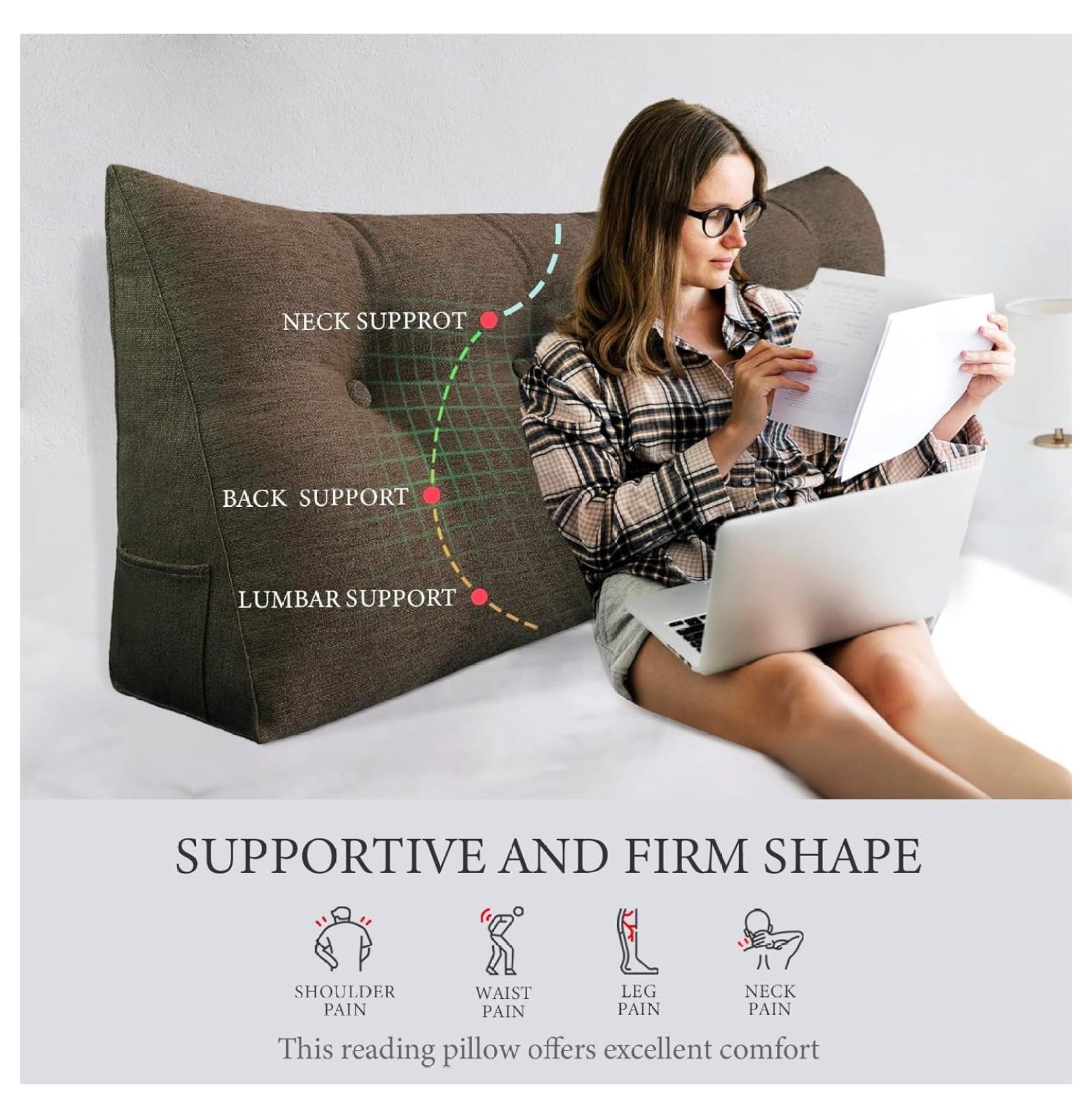 Headboard Pillow Wedge Full Size Large Bolster Pillow for Bed Triangle Reading Pillow Back