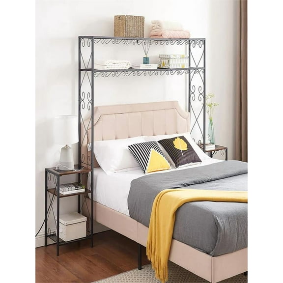 Headboard Queen Size, Adjustable Height, Storage Rack, Sturdy and Stable, Queen Size Metal Storage Headboard With Charging Stations 2 Nightstands And Storage Shelves For Bedroom, Easy Assembly