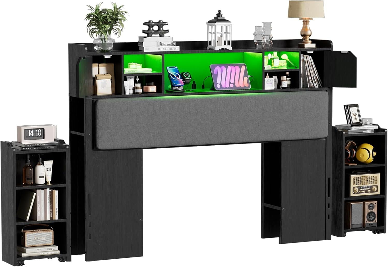 Queen Size Upholstered Headboard With Storage & Charging Station – Bookcase Design, LED Lights, Black