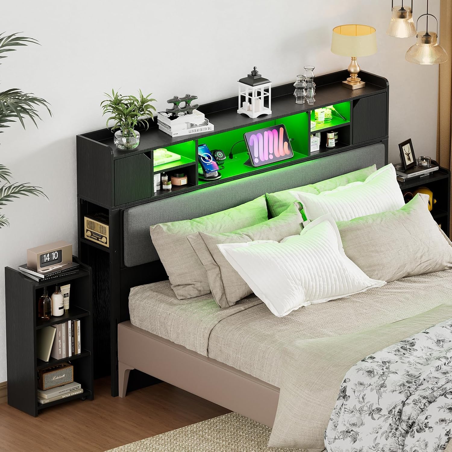 HOMCOM Queen Bed Frame With LED Lights & Charging Station | Industrial Style, Walnut Finish
