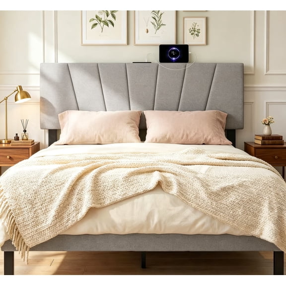 Headboard Queen Size with Bedside Storage, Upholstered Queen Headboard Only with Charging Station, RGB LED Lights, 2-Tier Storage Shelves, Rustic Brown