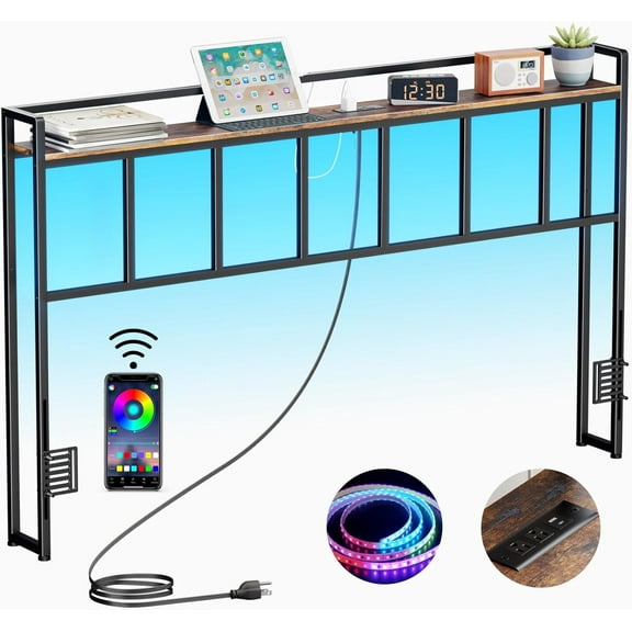 Headboard Queen Size, Headboards with LED Light, Outlets and USB Ports, Head Board with Storage Rack, Sturdy and Stable Headboard for Queen Size Bed, Adjustable Height, Rustic Brown