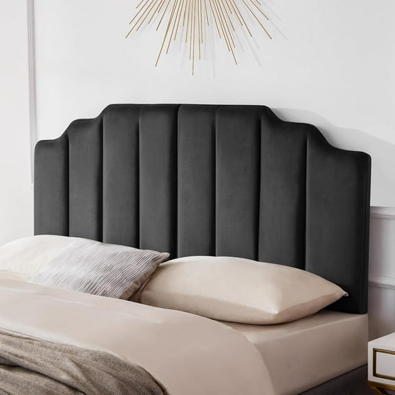 Headboard Queen, Velvet Upholstered Tufted Headboard with Modern Vertical Channel Design, Elegantly Curved Soft Padded Queen headboard only, Easy Installation, Darkgray