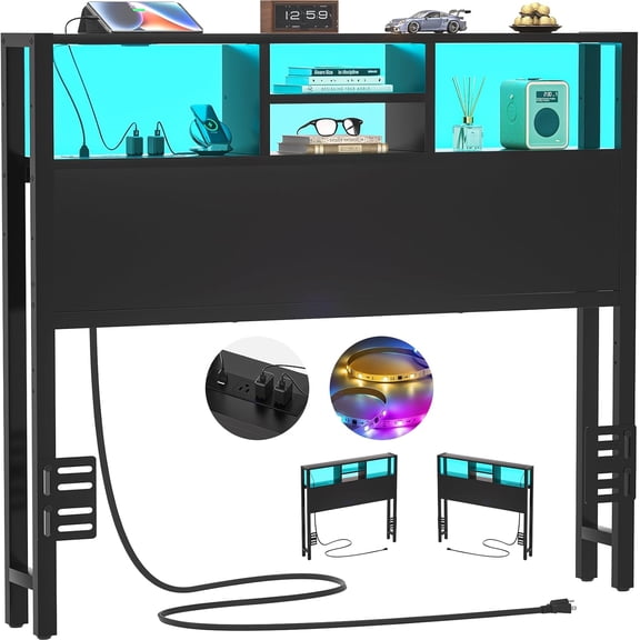 Headboard for Size Bed with Storage, Headboards with Outlets, Ports and Light, Size Board Only, Height Adjustable, Reversible, Sturdy and Headboard, Black