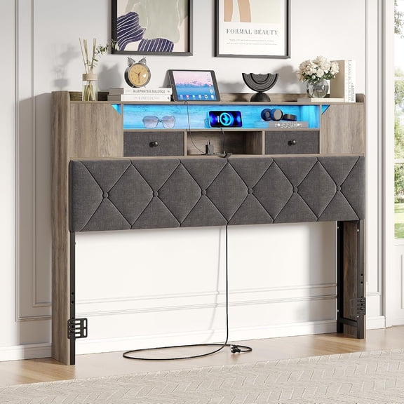 Headboard for Size Bed with Storage, Upholstered Headboard Only, Board with Station and Led Light, Height-Adjustable, and Open Storage, Rustic Grey