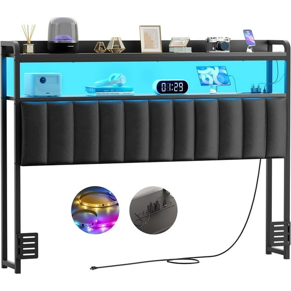 Headboard for Full Size Bed Frame, Upholstered Headboards with Outlets, USB Ports and LED Light, Leather Head Board with Storage, Height Adjustable, Comfortable Headboard, Black