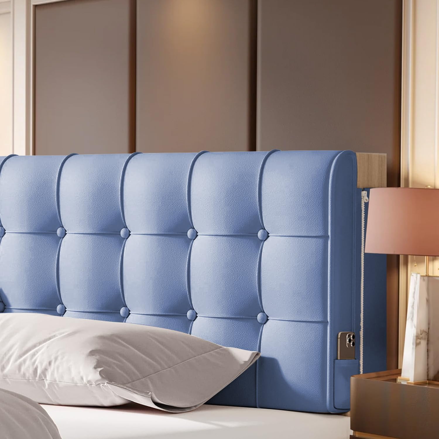 Headboard Twin XL Upholstered Wedge Pillow Headboard Adjustable Washable with Side Pocket for College Dorm Room Twin XL Bed, Blue