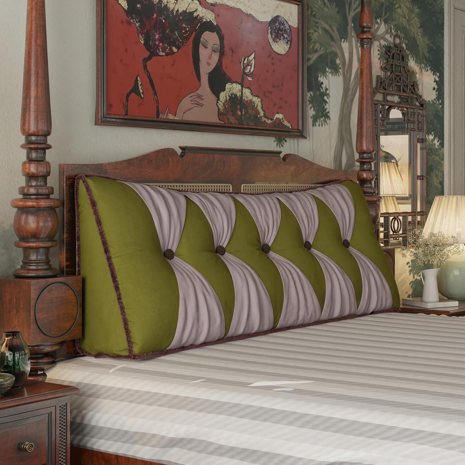 Headboard Wedge Pillow Bed Wedge Pillow for Headboard Bolster for Bed Back Pillows for Sitting in Bed with Removable Velvet Cover (Olive Green, Queen)