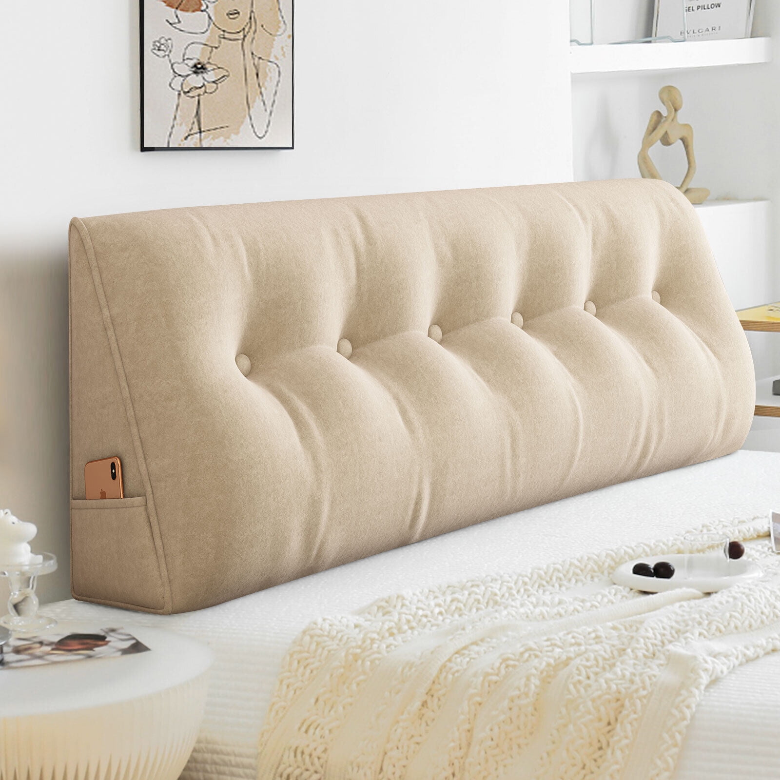 Headboard Wedge Queen Triangular Bed Pillow for Headboard Bolster Pillow with Removable Cover, Daybed Bunk Bed Pillows for Sitting up, Reading or Working in Bed, Beige