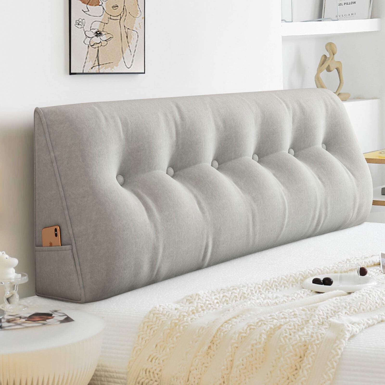 Headboard Wedge Queen Triangular Bed Pillow for Headboard Bolster Pillow with Removable Cover, Daybed Bunk Bed Pillows for Sitting up, Reading or Working in Bed, Light Gray