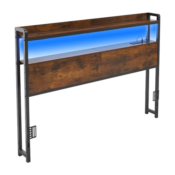 Headboard for Full Size Bed, 2 Storage Shelves, LED Lights, 3 Outlets, Carbon Steel Frame, Adjustable Height, Black