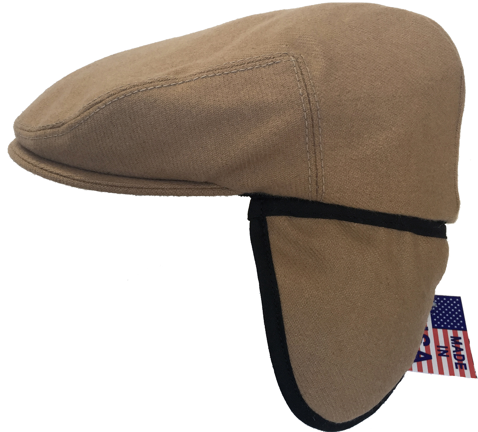 Headchange Made in USA Herringbone or Solid Ear Flap Ivy Cap Winter Hat 100% Wool (Small, Camel)