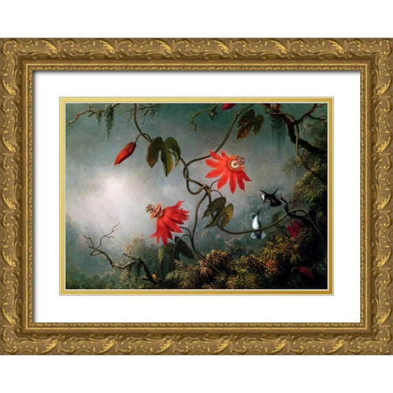 Heade, Martin Johnson 32x24 Gold Ornate Wood Framed with Double Matting Museum Art Print Titled - Passion Flowers And Hummingbirds