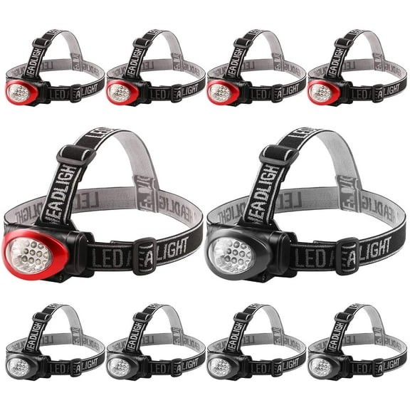 Headlamp, 10 Pack 12 LED 3 Mode Portable Head Lamp Flashlight, Outdoor Lightweight Durable Headlight for Running, Camping, Reading, Fishing, Hunting, Walking, Jogging, Black + Red Color