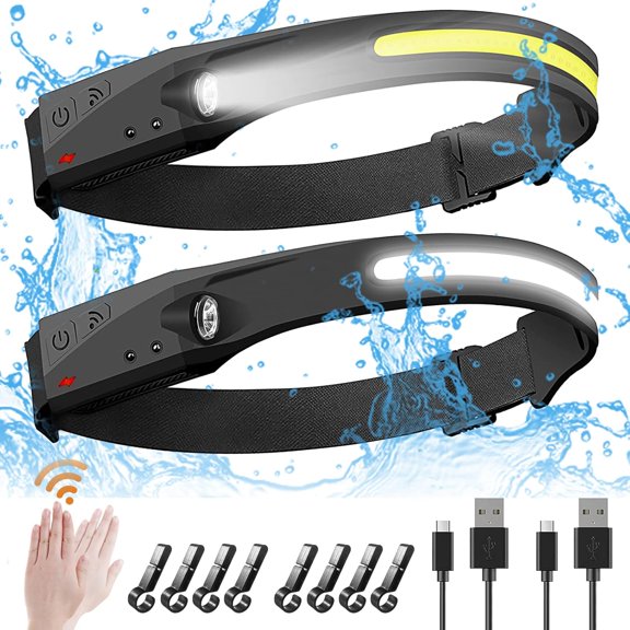 Headlamp 2 Pack, Rechargeable 230° Wide Beam Headlamps, 5 Lighting Modes, Motion Sensor Headlamp, Adjustable Headband, Lightweight Waterproof Headlight for Fishing, Camping…