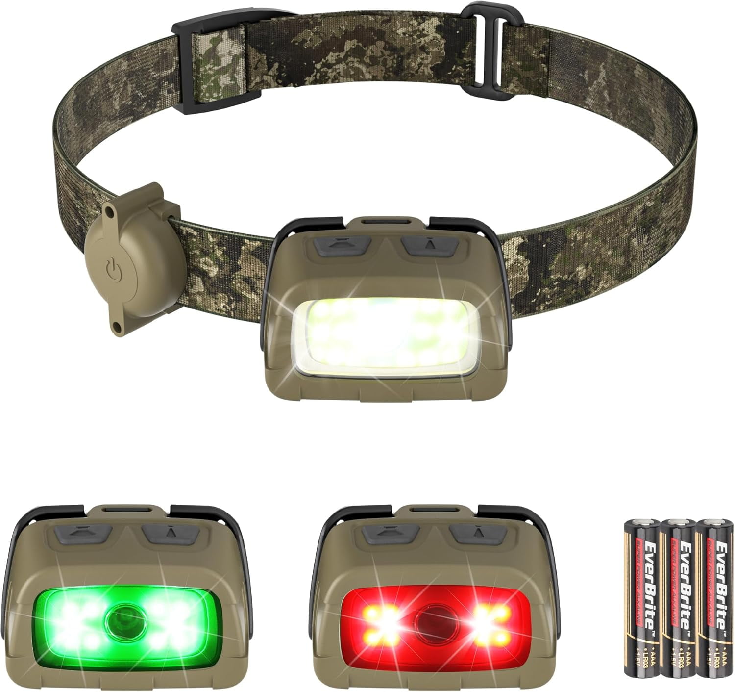 Headlamp, 300 Lumens Head Lamp for Adults, 7 Modes with White/Red/Green Light, 30°Adjustable LED Headlight Camping, Running, Hunting, 3 AAA Batteries Included