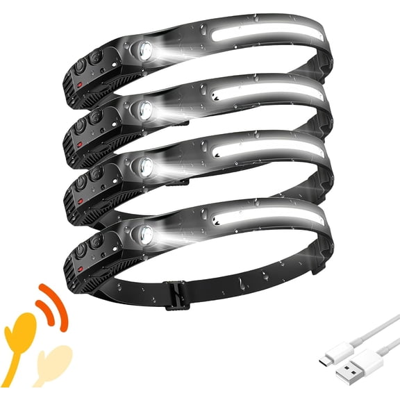 Headlamp 4 PCS, 230 Wide Beam Head Lamp, Motion Sensor LED Rechargeable, 5 Mode Headlight Flashlight for Camping Fishing Hiking Gear, Bright, and Ideal Hard Hats Forehead Use!