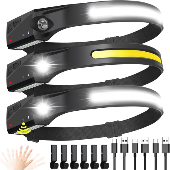 Headlamp Flashlight, 3 Pack Rechargeable LED Headlamps Wide Beam Head Lamp Bright Sensor Headlight Light