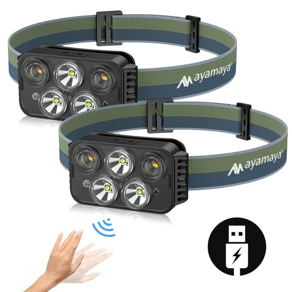 Headlamp with Motion Sensor Rechargeable Headlamp LED USB Headlights with 6 Modes 500 Lumens IPX4 Waterproof  Head Flashlights with Adjustalbe Headband for Outdoor Running Camping(5LED-2PACKs)