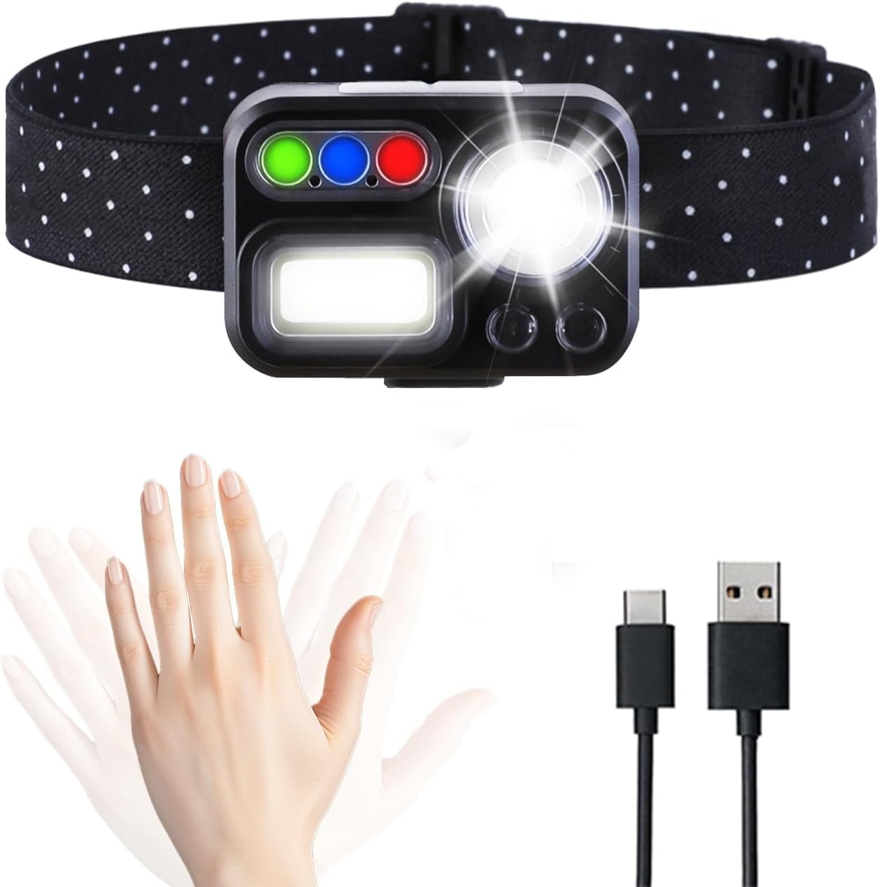 Headlamp Rechargeable 1200 Lumen Head Lamps Led Rechargeable Motion Sensor Headlamps with Red Light, 14 Mode Head Lights Forehead, Super Bright Hard Hat Light for Running, Fishing, Camping