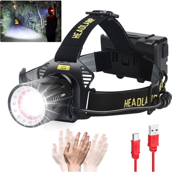 Headlamp Rechargeable, 120000 Lumen Super Bright Headlamp with Motion Sensors, 4 Modes, Zoomable, Waterproof Head Flashlight for Camping Hunting Running Fishing Biking (Batteries Included)