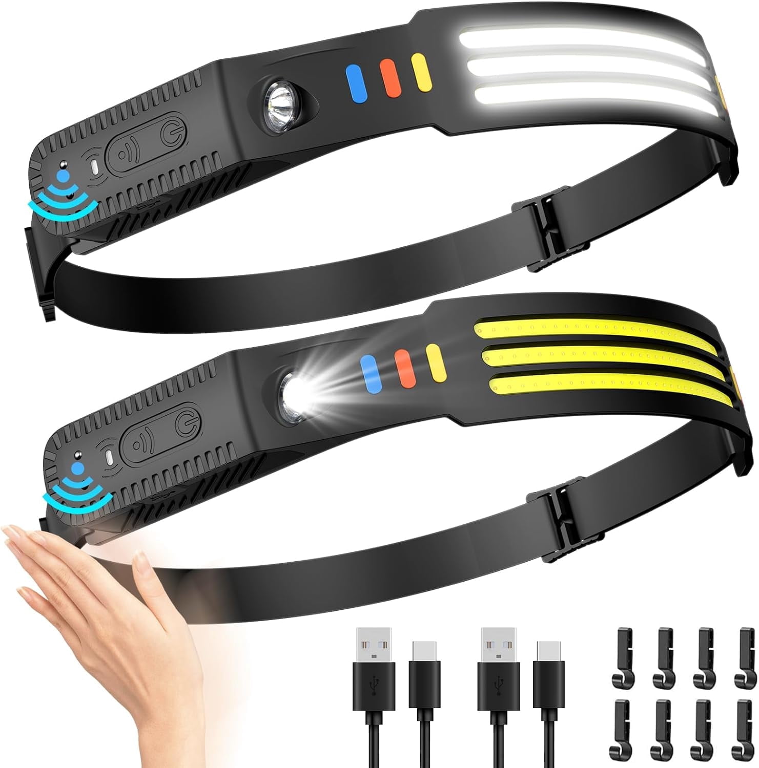 Headlamp Rechargeable 2 Pack, 230° Wide Beam Head Lamp LED, Head Flashlight with Motion Sensor, 5 Mode Head Lights for Forehead, Waterproof Headlamps for Adults Hiking Camping Gear