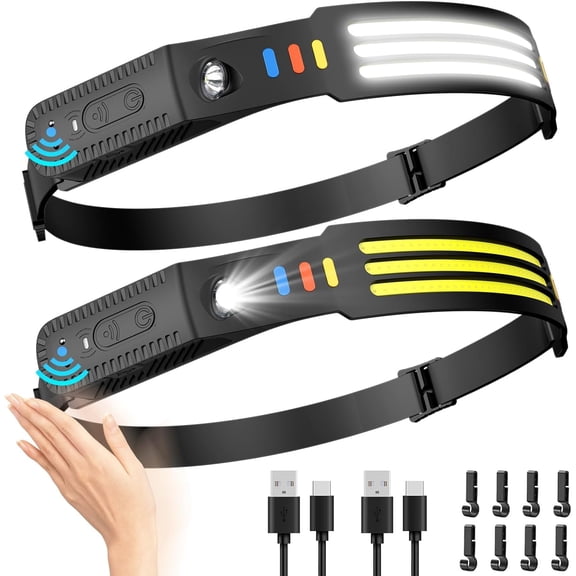Headlamp Rechargeable 2 Pack, 230° Wide Beam Head Lamp LED, Head Flashlight with Motion Sensor, 5 Mode Head Lights for Forehead, Waterproof Headlamps for Adults Hiking Camping Gear