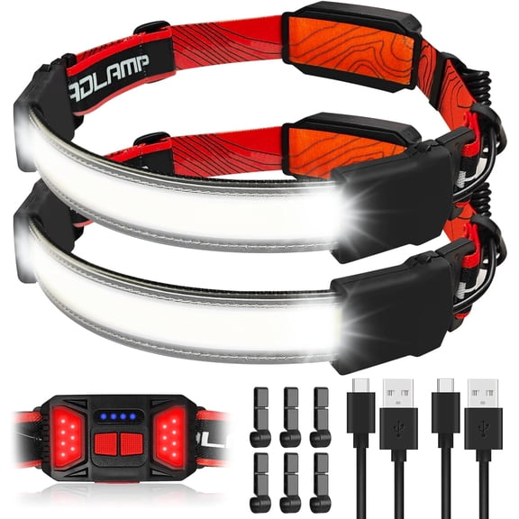 Headlamp Rechargeable 2 Pack, Super Bright 1500Lumen Wide Beam LED Headlamp, 6 Modes Head Lamp with Tail Red Light(Individual Control), Lightweight Waterproof Hardhat Headlight