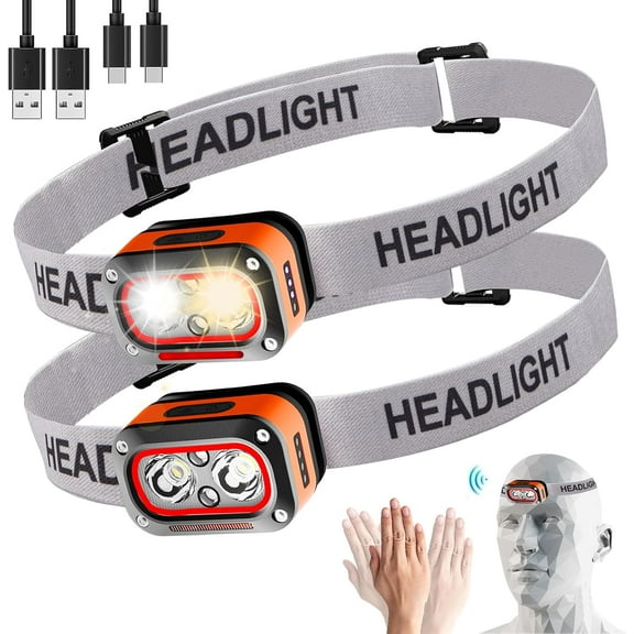 Headlamp Rechargeable 2PCS,Super Bright Head Lights for Forehead,5 Modes Waterproof Motion Sensor Head Lamp,Headlamp Flashlight,LED Rechargeable Headlight for Running,Fishing,Hiking,Camping