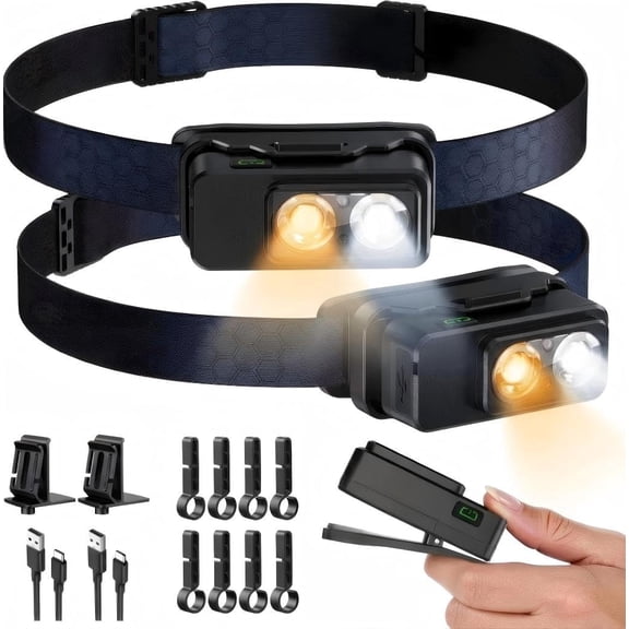 Headlamp Rechargeable 2PCS, Super Bright LED Head Lamp with Motion Sensor & White Warm Light, 8 Modes Magnetic Base IPX7 Waterproof Headlight for Forehead Hard Hat Light Camping Hiking Fishing