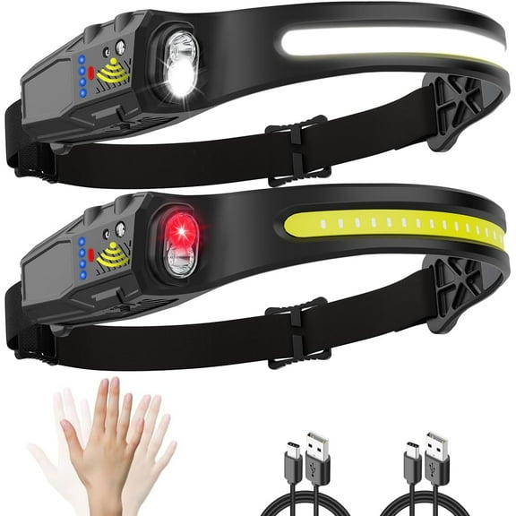 Headlamp Rechargeable 2Pack, 230 Wide Beam Head Lamp, LED Headlamp with Motion Sensor, 7Mode Head Lights for Forehead, Bright Headlamps for Adults, Red Light Headlight, Hard Hat Light, Camping Gear