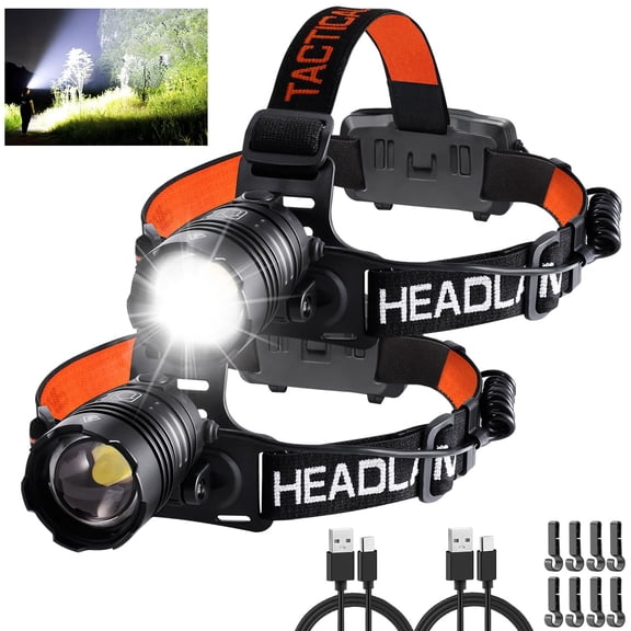 Headlamp Rechargeable 2Pack, Head lamps led rechargeable, Adjustable Focus Headlight Outdoor, 4Mode Head Lights for Forehead, 90Angle LED Headlamp, Waterproof Headlamps for Adults Camping Hard Hat