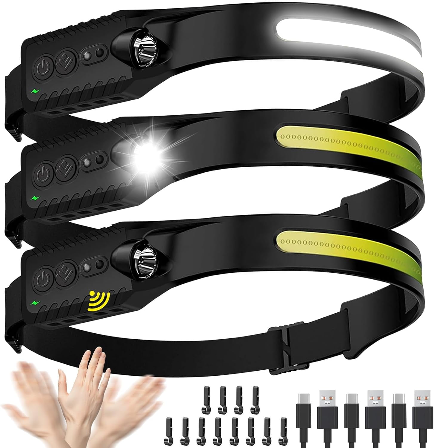 Headlamp Rechargeable (3-Pack), LED Head Lamp Flashlight, 230° Wide Beam Headband Light, 400 Lumen Super Bright, USB-C Lightweight Headlight for Running, Fishing, Hiking, Camping