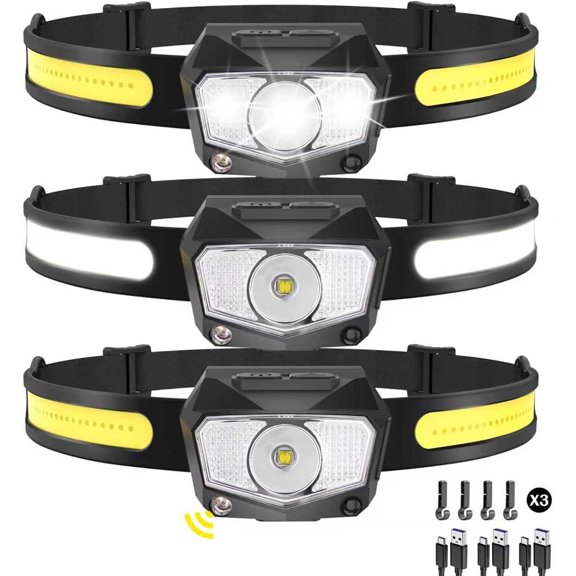Headlamp Rechargeable 3Pack, 230?Wide Beam COB & 60? Super Birght LED Lamp with White Red Light, 7Mode Lights for Forehead with Motion Sensor, Headlamps for Adults Camping Running Hiking