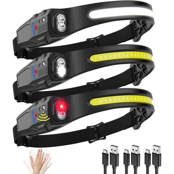 Headlamp Rechargeable 3Pack, 230 Wide Beam LED Headlamp, 7Mode Headlamps for Adults, Head Lamp with Motion Sensor, Red Light Head Lamps LED Rechargeable, Head Lights for Forehead Running Camping