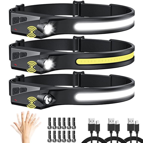 Headlamp Rechargeable 3Pack, LED Headlamp Flashlight with Motion Sensor, 230 COB Wide Beam Head Lamp, 5Mode Head Lights for Forehead Waterproof, Bright Headlamps for Adults Running Camping