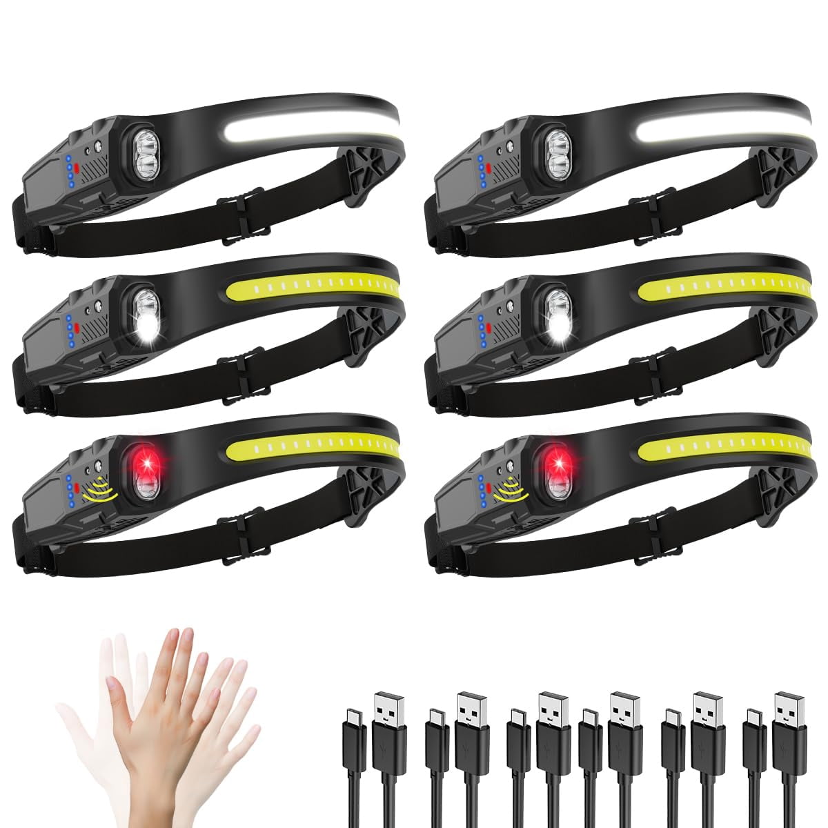 Headlamp Rechargeable 6pack  230° Wide Beam Led 7mode Headlamps For Adults Head Lamp With Motion Sensor Red Light Lamps Lights Forehead Running Camping