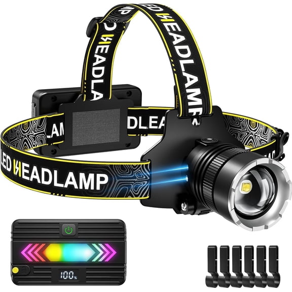 Headlamp Rechargeable 90000 Lumen Super Bright, 5 Modes Lamp with Motion Sensor, Headlamp for Adults Zoomable, Light for Camping & Hard Hat, Detachable Power Pack & 13 Taillight Modes