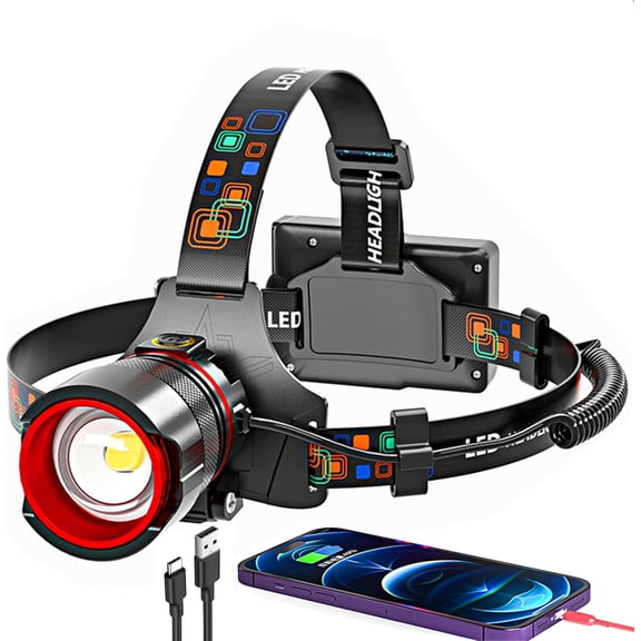 Headlamp Rechargeable 90000 Lumens Ultra Bright Lamp Super Bright Hard Hat Light Zoomable IPX54 Headlight Camping Accessories 6 Modes Headlight Camping Gear for Adults Cycling Running