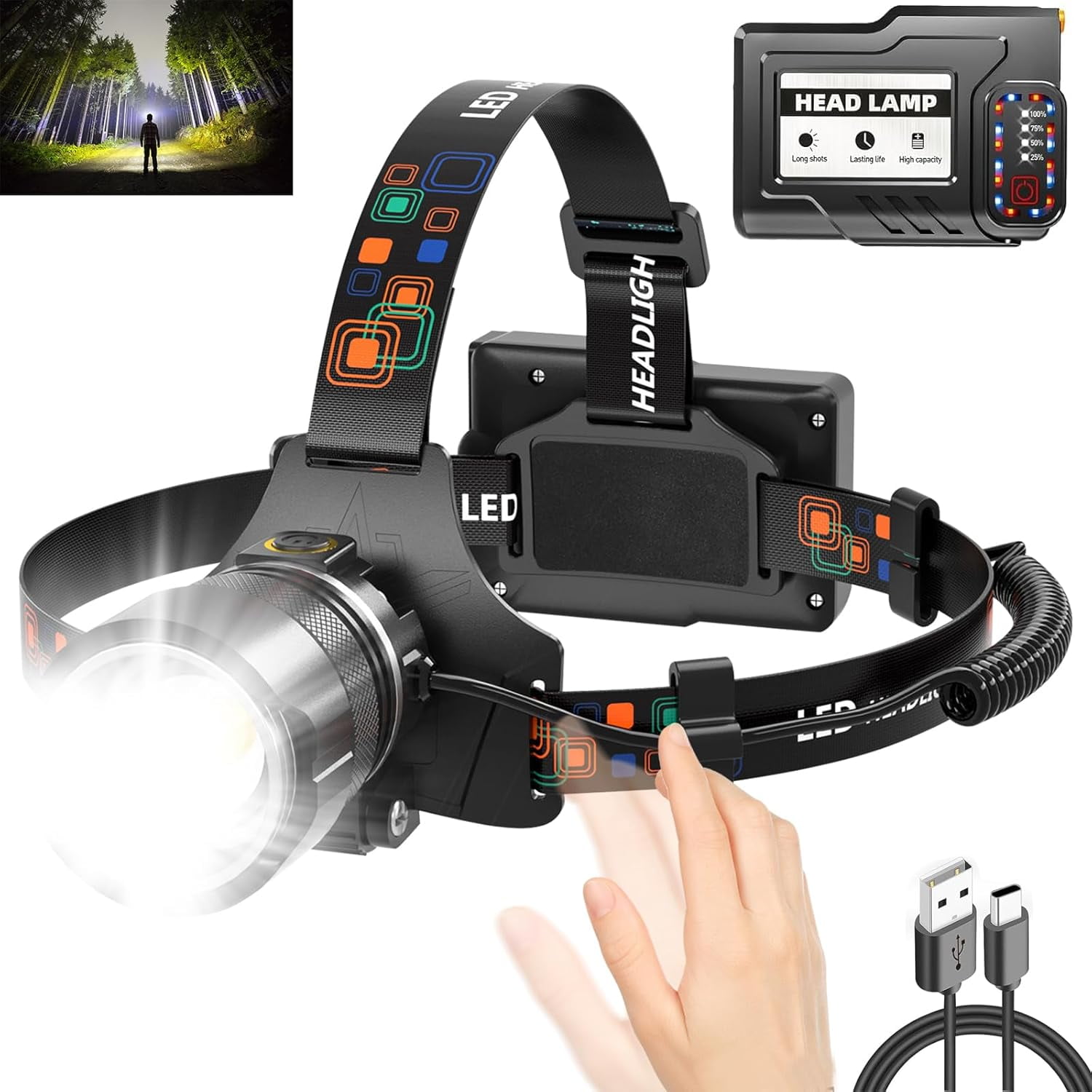Headlamp Rechargeable,900000LM Super Bright Led Head Lamp With Motion Sensor,10 Modes,125°Adjustable Lights for Forehead,Waterproof Flashlight Adults,Bike,Camping,Zoomable Headband Light