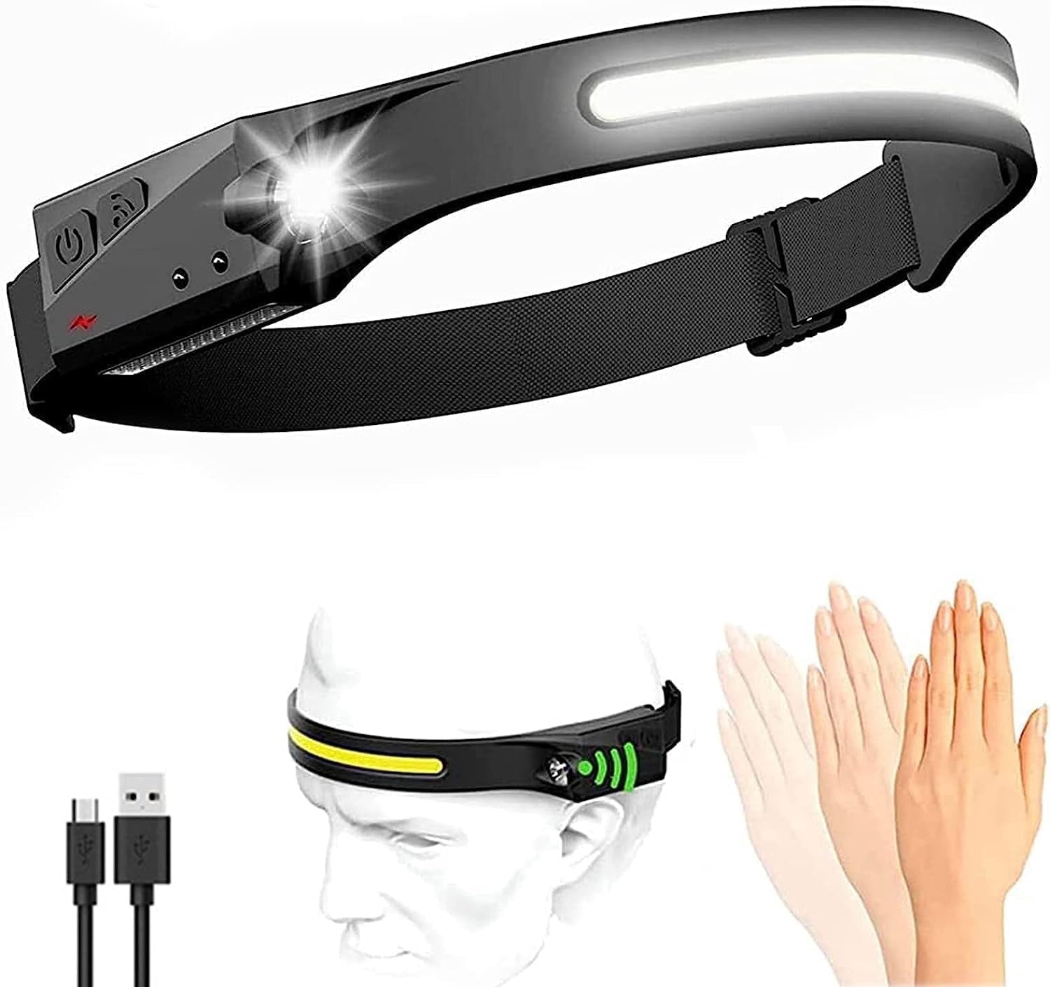 Headlamp Rechargeable Camping Accessories Gear, 230° Head Lamp LED with Motion Sensor, Nite Buddy Headlight Fishing Gear, Waterproof Work Light Flashlight for Camping, Hiking, Repairing