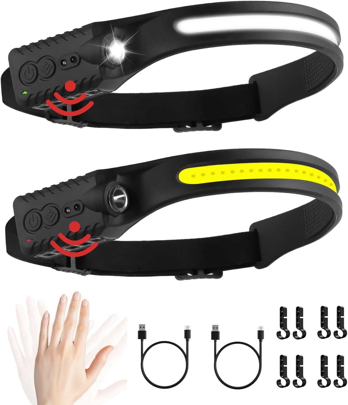 Headlamp Rechargeable, Head Lamps Led Rechargeable with Motion Sensor Headlamps 9 Mode Head Lights Forehead, Super Bright Hard Hat Light for Running, Hiking, Camping (2PCS Black)