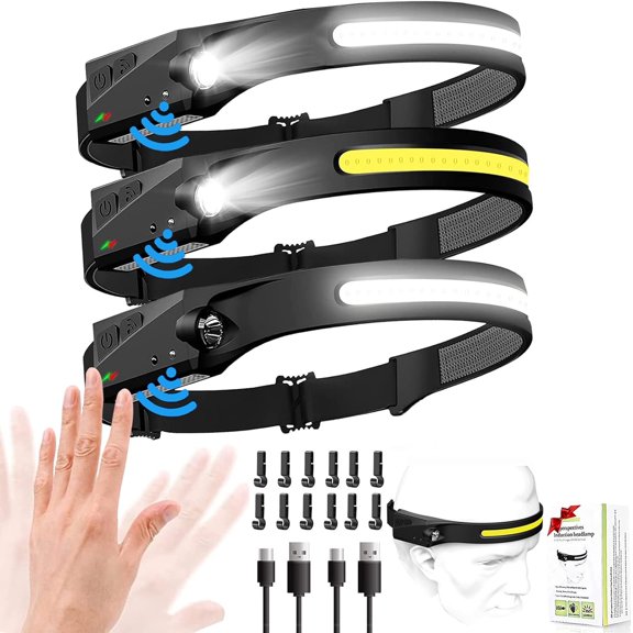 Headlamp Rechargeable, Head Lamps Led Rechargeable with Motion Sensor Headlamps Adults, 9 Mode Head Lights Forehead, Super Bright Hard Hat Light for Running, Hiking, Camping (3PCS Black)