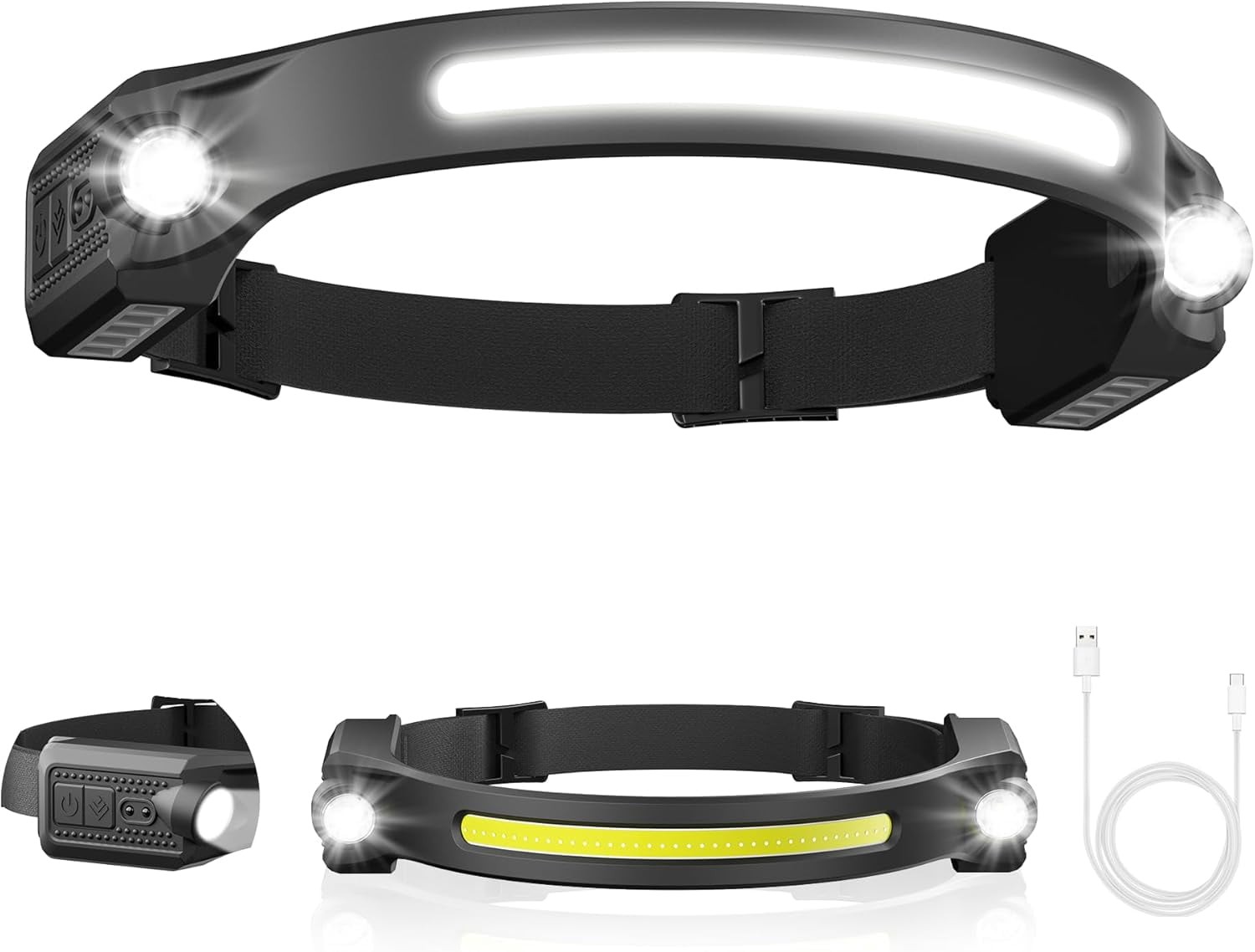 Headlamp Rechargeable LED 1Pack - 2 XPE and COB Head Lamp, Motion Sensor, 260° Wide Beam, IPX4 Waterproof, Headlight for Camping Accessories