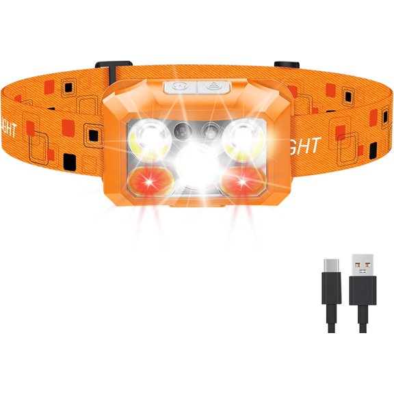 Headlamp Rechargeable LED, 800 Lumens with Red & White Light, 8 Modes, Motion Sensor, USB-C , IPX4 (1, Orange)