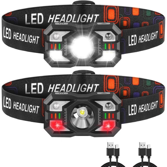 Headlamp Rechargeable, LED Headlamp with Red Light, 2Pack Headlamps for Adults, Head Lamps LED Rechargeable, Headlight Motion Sensor, Head Lights for Forehead Hardhat Running Hunting Camping