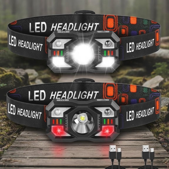 Headlamp Rechargeable, LED Headlamp with Red Light, Headlamps, Head Lamps LED Rechargeable, Headlight Motion Sensor, Head Lights for Hardhat Running Hunting Camping